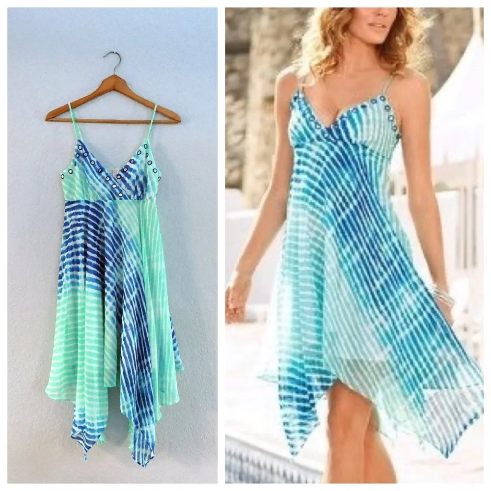 Boston Proper  dress asymmetric Handkerchief hem blue green embellished